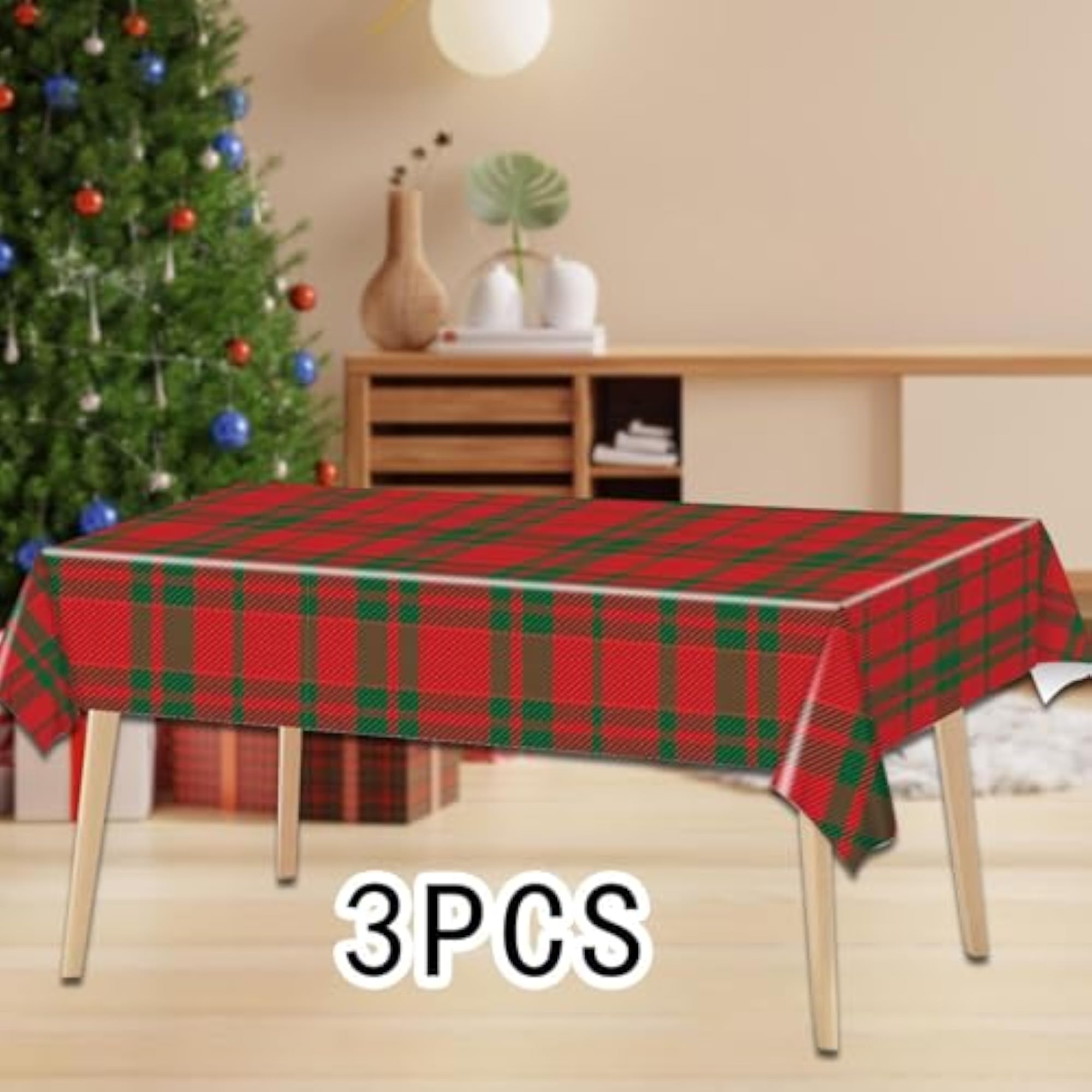 Christmas Disposable Tablecloth Holiday Waterproof Rectangle Table Protector 3PCS Large Plaid